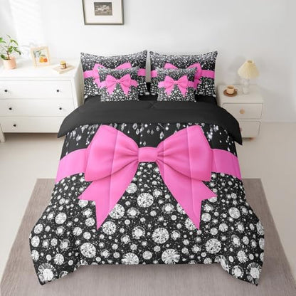 Hot Pink Bowknot Bed in a Bag King Size Comforter Set 7 Pieces,Cute Bow Knot Sheet Set,Kawaii Silk Ribbon Bedding Set,Glitter Sequin Print Diamond Bed Set Dreamy Princess Style Hot Pink Dorm Decor