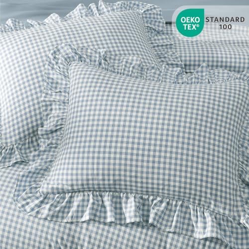 Full Size Comforter Set Blue Gingham Ruffle 7 Pieces Farmhouse Bed in a Bag