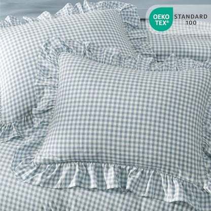 Queen Comforter Set Blue Gingham Ruffle 7 Pieces Farmhouse Bed in a Bag
