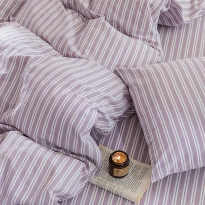 FOSSA Striped Duvet Cover Set 100% Washed Cotton Linen Feel Queen