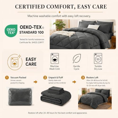 CozyLux Twin XL Comforter Set 68"x88" Dark Grey - 5 Piece Bed in a Bag