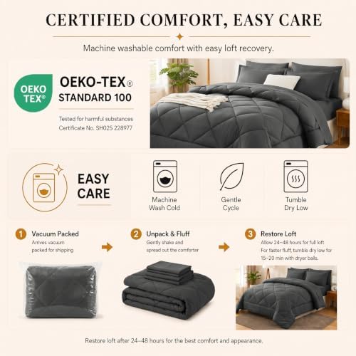 CozyLux Full Comforter Set 82"x86" Dark Grey - 7 Piece Bed in a Bag