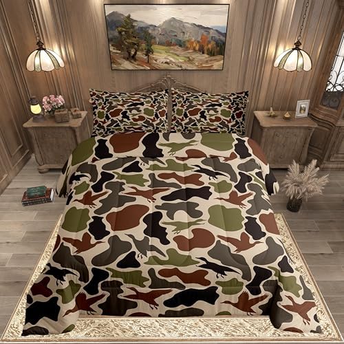 Duck Hunting Comforter Set -Army Camo Comforter Toddler Size Green Brown Camouflage Bedding Set for Kids Girls Boys Bedroom Decor,Rustic Farmhouse Wild Animal Quilt Duvet,2 Pcs with 1 Pillowcase