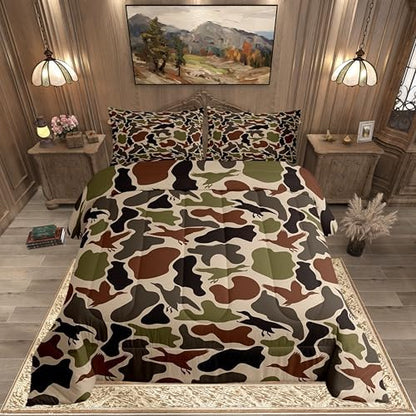 Duck Hunting Comforter Set -Army Camo Comforter Toddler Size Green Brown Camouflage Bedding Set for Kids Girls Boys Bedroom Decor,Rustic Farmhouse Wild Animal Quilt Duvet,2 Pcs with 1 Pillowcase