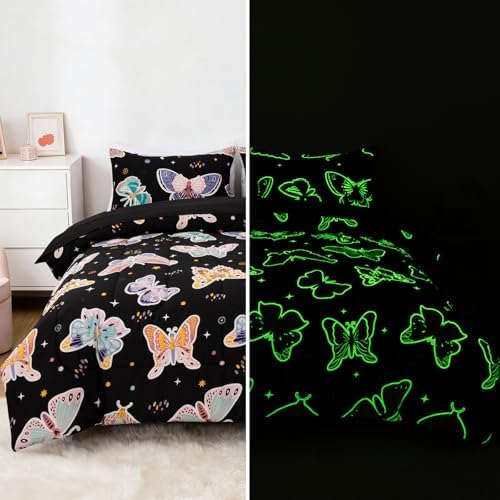 NTBED 5Pcs Glow in The Dark Kids Comforter Set Butterfly Queen Bedding Set