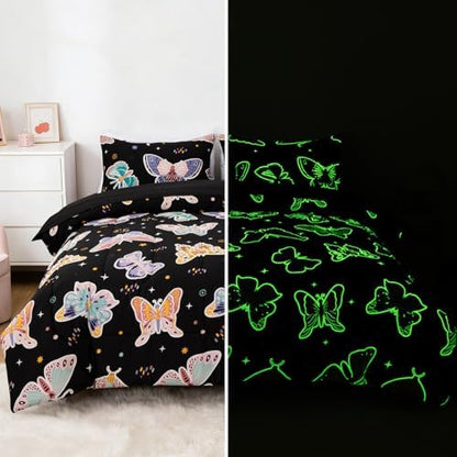 NTBED 5Pcs Glow in The Dark Kids Comforter Set Butterfly Queen Bedding Set