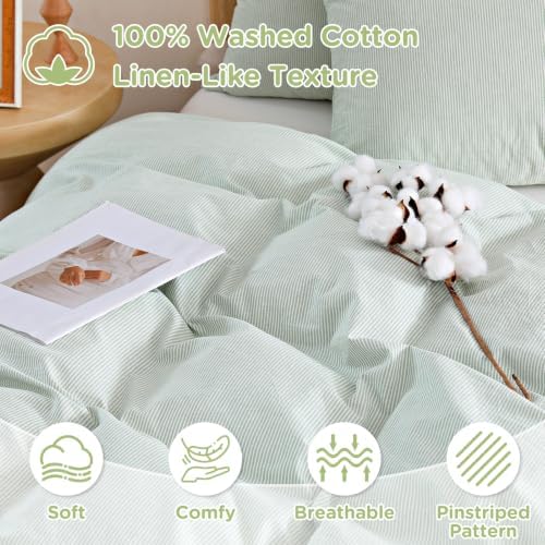 TOCOMOA Sage Green Striped Duvet Cover Set Washed Cotton Like Linen, Queen