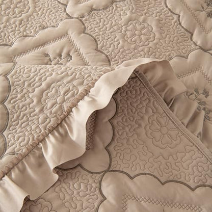 Sobrecamas Queen Elegantes,Queen Floral Quilt Set,Reversible Taupe Coverlet