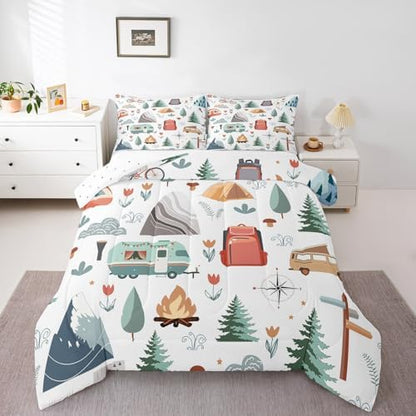 Homewish Camping Comforter Set King Size,Cartoon Pine Tree Bedding Set 3Pcs for Kids Girls Boys Teens Room Decor,Camper Adventure Theme Quilt Set Mountain Tent Pattern Duvet Insert,2 Pillowcases