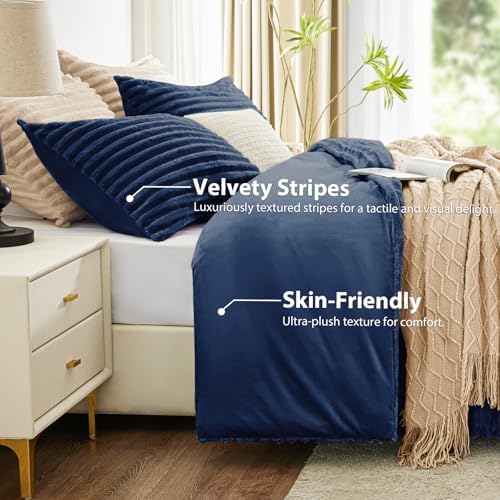 EXQ Home Fluffy Comforter Set King Size,3 Pieces Bed Set,Navy Blue