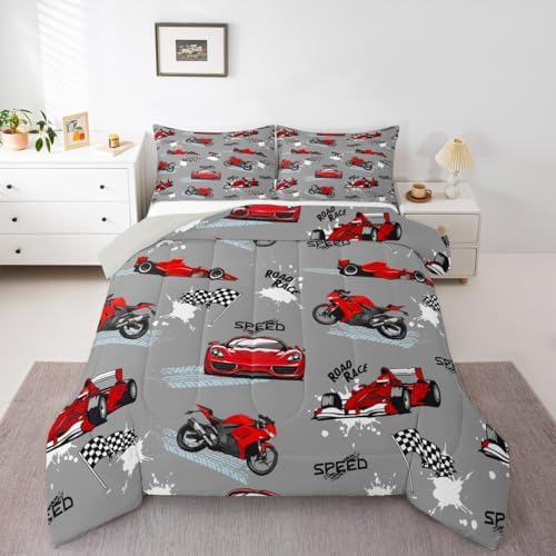 Erosebridal Red Grey Race Car Bedding Set Kids Sports Car Comforter Set Twin,Speed Racing Car Bedding for Boys Girls Extreme Sport Games Duvet Insert Dirt Bike Motocross Bed Set Lightweight Decor