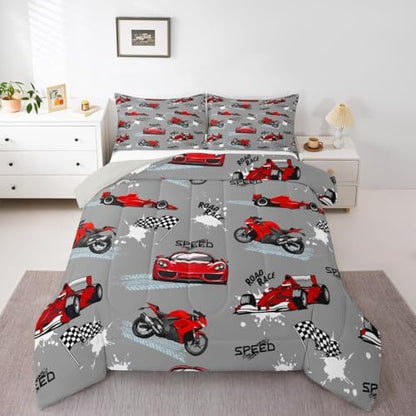 Erosebridal Red Grey Race Car Bedding Set Kids Sports Car Comforter Set Twin,Speed Racing Car Bedding for Boys Girls Extreme Sport Games Duvet Insert Dirt Bike Motocross Bed Set Lightweight Decor