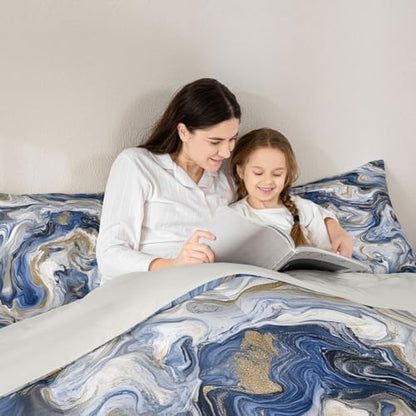 jejeloiu Blue Gray Gold Marble Bedding Set Soft for Boys Girls, Modern Marble Aesthetic Comforter Set Full Size Retro Watercolor Duvet Quilt Abstract Texture Bedroom Decor 3 Pcs with 2 Pillow Cases