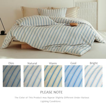 Comforter Queen Size - 100% Cotton Beige and Blue Striped Reversible Comforter Set, Hypoallergenic and Breathable Bedding Set for All Season, 3 Pieces, 90"x90"