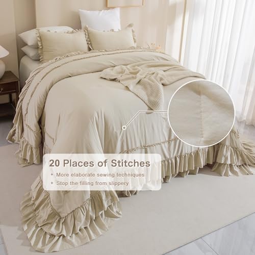 Masaca Oversized King Comforter 128x120,Farmhouse Shabby Boho Chic Ruffled Bedding Comforter Set,3pcs Extra Large King Size Wheat Ruffle Comforter Sets French Country Bedding Set Ultra Soft