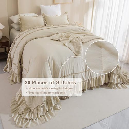 Masaca Oversized King Comforter 128x120,Farmhouse Shabby Boho Chic Ruffled Bedding Comforter Set,3pcs Extra Large King Size Wheat Ruffle Comforter Sets French Country Bedding Set Ultra Soft