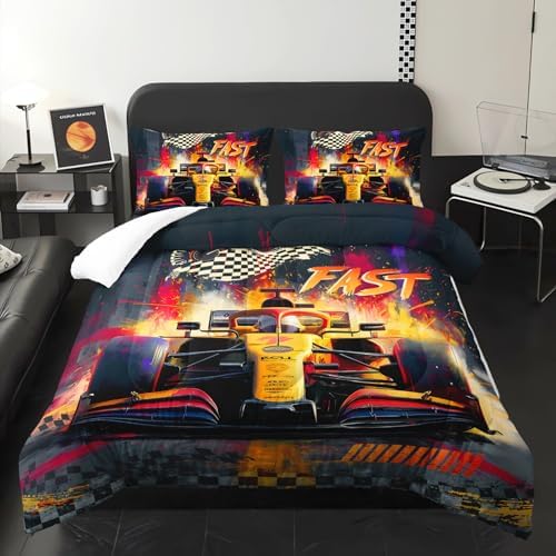F1 Race Car Comforter Set Twin for Boys，Boys Twin Size Bedding Set Race Car，with 1 Comforter with 2 Pillow Case，F1 Race Car Themed Bedroom Decor