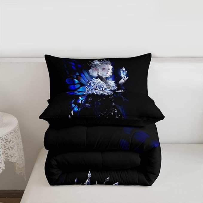 Erosebridal Gothic Girls Comforter Set for Kids Boys Girls A Girl Wearing A Crown Bedding Butterfly Diamond Feather Print Duvet Set Coquette Princess Comforter Queen with 2 Pillowcases