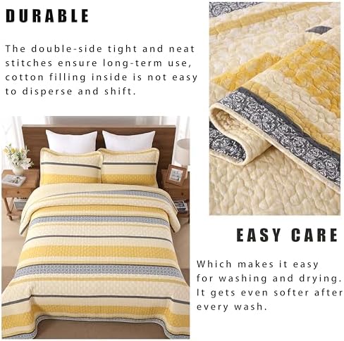 Homzard Quilt King Size - Cotton King Quilt Bedding Set, Yellow Black Gray King Size Comforter Set,Farmhouse Striped Bedspread King Size,Lightweight Bedding Home Decor 3 Piece