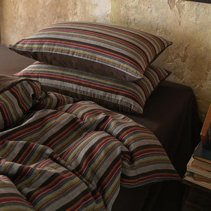 Vintage Striped Duvet Cover Set Full, 100% Cotton Muslin Colorful Bohemian Stripes Pattern Printed Bedding Set, 3 Piece Farmhouse Retro Striped Comforter Cover Soft Breathable Gauze Duvet Cover Full