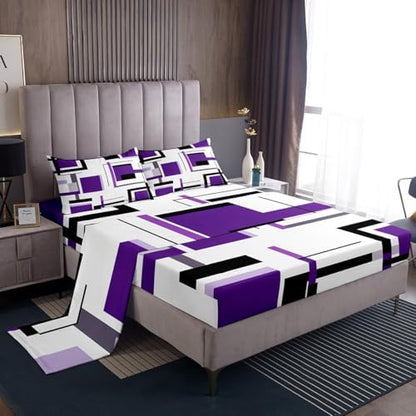Feelyou Square Bed Sheets Purple Black White Sheet Set for Kids Boys Girls Modern Geometric Grid Bed Set Simple Graphic Decor Sheets with 2 Pillowcases 4Pcs Bedding Full