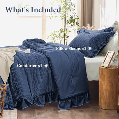 JOLLYVOGUE Navy Blue Comforter Full Size, 3 Pieces Seersucker Lightweight Full Size Bedding, All Season Fluffy Microfiber Bedding Comforter Set with 1 Ruffle Comforter and 2 Ruffle Pillowshams