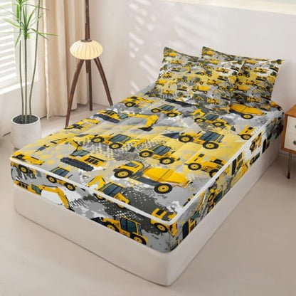 Feelyou Construction Twin Zipper Bedding for Boys, Excavator Tractor 3-Piece-All-in-one Soft and Sturdy, Construction Machinery Truck Zip Up Bedding with Deep Fitted Sheet and 2 Pillowcases
