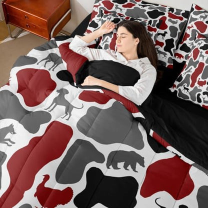 Erosebridal Camouflage 7 Piece Bedding Set Twin Hunting Comforter Set with Sheets Retro Grey Red Bear Army Camo Bed in a Bag Hound Deer Turkey Wolf Print for Kids Boys Girls