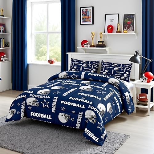 Boys American Football Comforter Set Queen Size,Navy Blue Football Stars Printed Bedding Set 3Pcs with 2 Pillowcases,Modern Style Down Comforter Kids Teens Decor Cozy Soft Quilt,Bed in a Bag