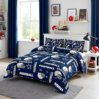 Boys American Football Comforter Set Queen Size,Navy Blue Football Stars Printed Bedding Set 3Pcs with 2 Pillowcases,Modern Style Down Comforter Kids Teens Decor Cozy Soft Quilt,Bed in a Bag