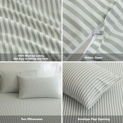 FOSSA Striped Duvet Cover Set 100% Washed Cotton Linen Feel Twin