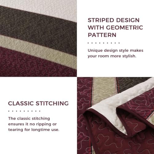 Cottolester King Size Quilt Set,Burgundy Striped Plaid Bedsperad Coverlet