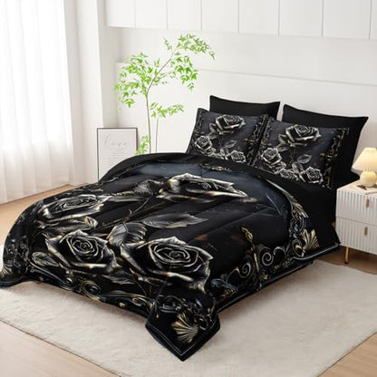 Comforter Set Queen Size Bed 7 Piece Roses，Black Queen Quilt Bedding Set Roses，Rose Bedroom Decor for Bed，(1 Comforter, 1 Flat Sheet, 1 Fitted Sheet, 2 Pillowcase and 2 Pillow Sham)