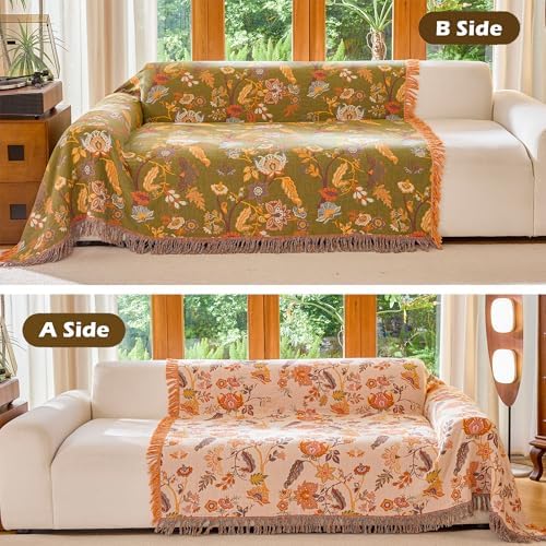 VANJOROY Boho Throw Blanket, 100% Organic Cotton Breathable Ultra Soft 91" x 108" King Bed Quilt Throw - All Season Floral Rustic Farmhouse Decor Luxury Blanket for Sofa Couch Chair and Gift