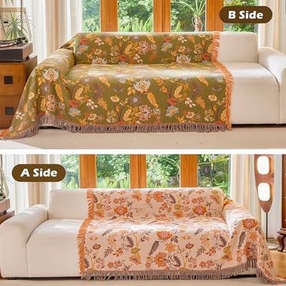 VANJOROY Boho Throw Blanket, 100% Organic Cotton Breathable Ultra Soft 91" x 108" King Bed Quilt Throw - All Season Floral Rustic Farmhouse Decor Luxury Blanket for Sofa Couch Chair and Gift