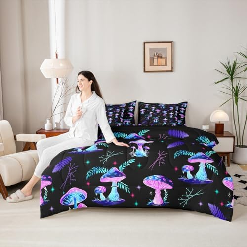 Erosebridal Cute Mushroom Queen Comforter Set with Sheets 7 piece Glowing Mushrooms Bed in A Bag Country Farmhouse Plant Bedding Sets for Kids Boys Girls,Galaxy Starry Sky Bed Set