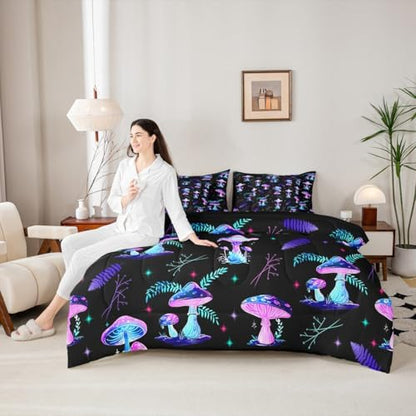 Erosebridal Cute Mushroom Queen Comforter Set with Sheets 7 piece Glowing Mushrooms Bed in A Bag Country Farmhouse Plant Bedding Sets for Kids Boys Girls,Galaxy Starry Sky Bed Set
