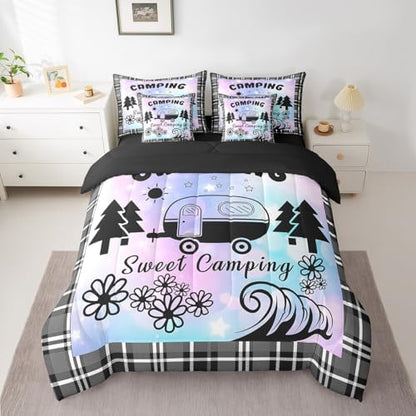 Erosebridal Happy Camping 7 Pcs Comforter Set Queen,Camper Accessories Bedding Set for Kids Boys Teens,Ultra Soft Black Sketch Drawing Bed in a Bag,Retro Farmhouse Travel Car Quilted Comforter