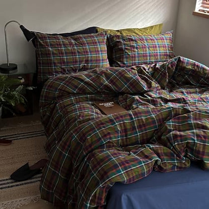 Vintage Multicolor Plaid Duvet Cover Twin XL, 3 Piece Retro Buffalo Plaid Checkered Comforter Cover, 100% Washed Cotton Soft Breathable Duvet Cover with 2 Pillowcases Farmhouse Grid Bedding Set