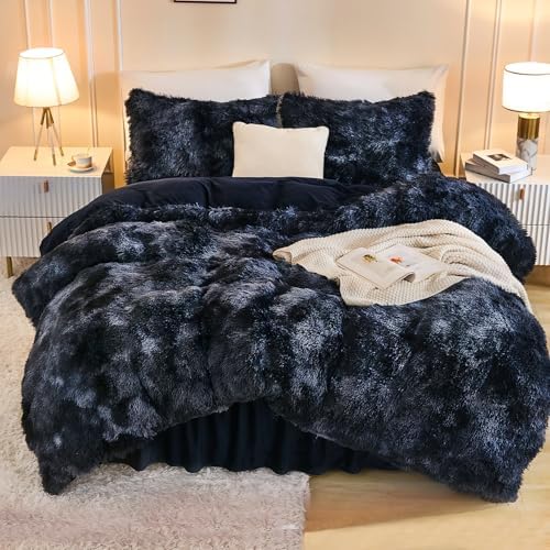 Andency Tie-Dyed Black Blue King Size Comforter Set, Fluffy Bedding Set