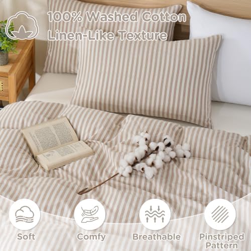 TOCOMOA Brown Striped Duvet Cover Set 100% Washed Cotton Like Linen, King