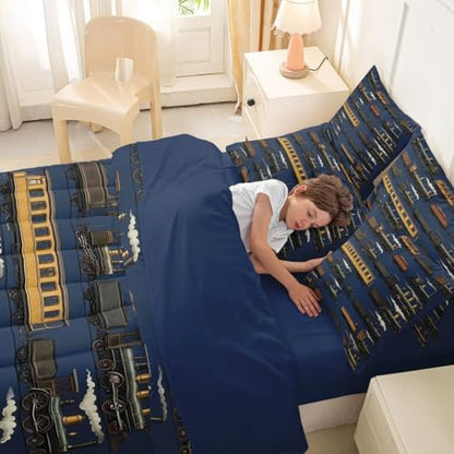 Erosebridal 7 Pcs Navy Steam Train Comforter Set for Boys Kids Travel Locomotive Train Twin Bedding Set with Sheets for Teens Men Vintage Transport Vehicle Bed in A Bag Steampunk Railway Bed Sets