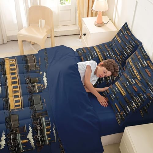 Erosebridal 7 Pcs Navy Steam Train Comforter Set for Boys Kids Travel Locomotive Train King Bedding Set with Sheets for Teens Men Vintage Transport Vehicle Bed in A Bag Steampunk Railway Bed Sets