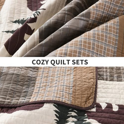 PERHOM Cabin Quilt Queen Size - 100% Cotton Lodge Cabin Queen Quilt Bedding Set, Striped Bear Tree Reversible Quilted Bedspread Lightweight Comforter Set with 2 Shams, Wood Brown/Beige, 3PCS