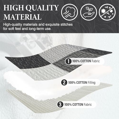 SahSahCasa 120"x120" 100% Cotton Oversized California King Quilt Bedspread Coverlet Set, Patchwork Plaid Cal King Quilted Bedspread Extra Large Quilt, XL Bed Spread Lightweight Comforter, Gray