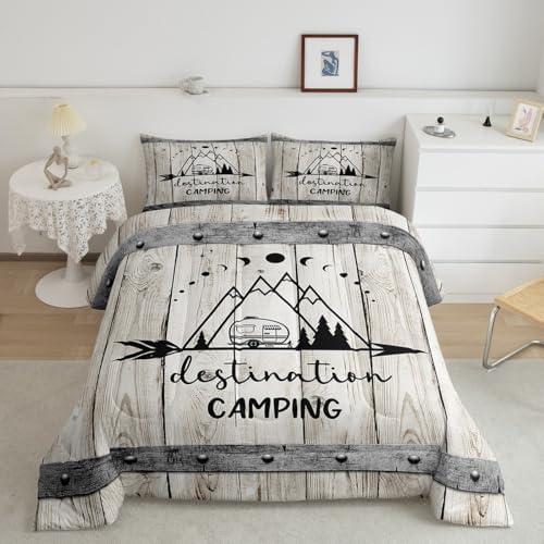 Happy Camping Car Comforter Set Queen Size,RV Camper Trailer Decor Bedding Set 3pcs for Kids Boys Girls Adults,Vintage Wooden Plank Cabin Down Comforter,Rustic Farmhouse Duvet Insert,2 Pillowcases
