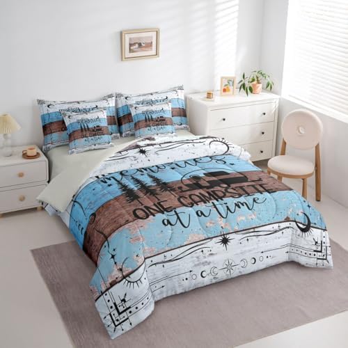 Erosebridal 7 Pcs Happy Camping Bedding Set for Boys Teens, Queen Size Rv Camper Comforter Set Rustic Farmhouse Sheets and Pillowcase, Vintage Old Barn Door Bed in A Bag, Country Starry Sky Bed Set