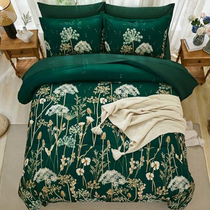 Yiran Queen Comforter Set, 7 Piece Floral Dark Green Bedding Set, Dandelion Botanical Bed in a Bag Queen, Soft Microfiber Complete Bedding Set with Comforter, Sheets, Pillowcases & Shams