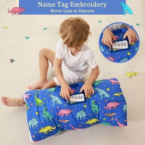 Toddler Nap Mat for Preschool 50''x30'' Sleeping Mat with Removable Pillow and Minky Blanket for Kids Ages 3-7 Roll Up Soft Sleeping Bag for Boys Girls Kindergarten Daycare Sleepover