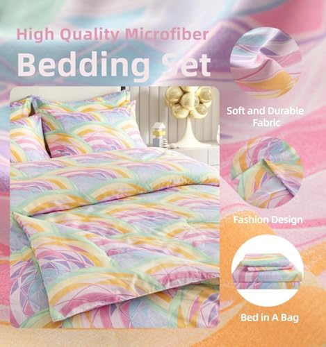SDY 7PCS Rainbow Comforter Set Full Size Cute Printed Comforter Sets Bed in a Bag for Toddler,Girls Boys and Kids, with Comforter, Flat Sheet, Fitted Sheet and Pillowcases & Shams